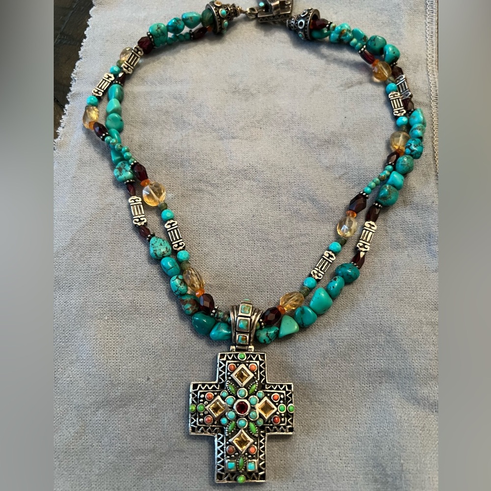 Vintage Barse Studio Sterling Silver Cross Pendant 2 strand Necklace